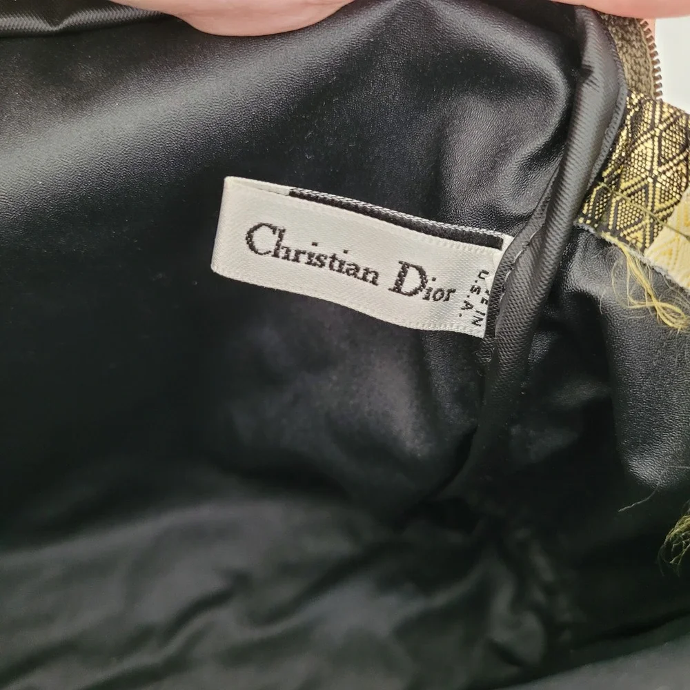 Christian Dior Vintage Cosmetic Bag Striped Brocade Gold Green Bow Logo‎ Pouch